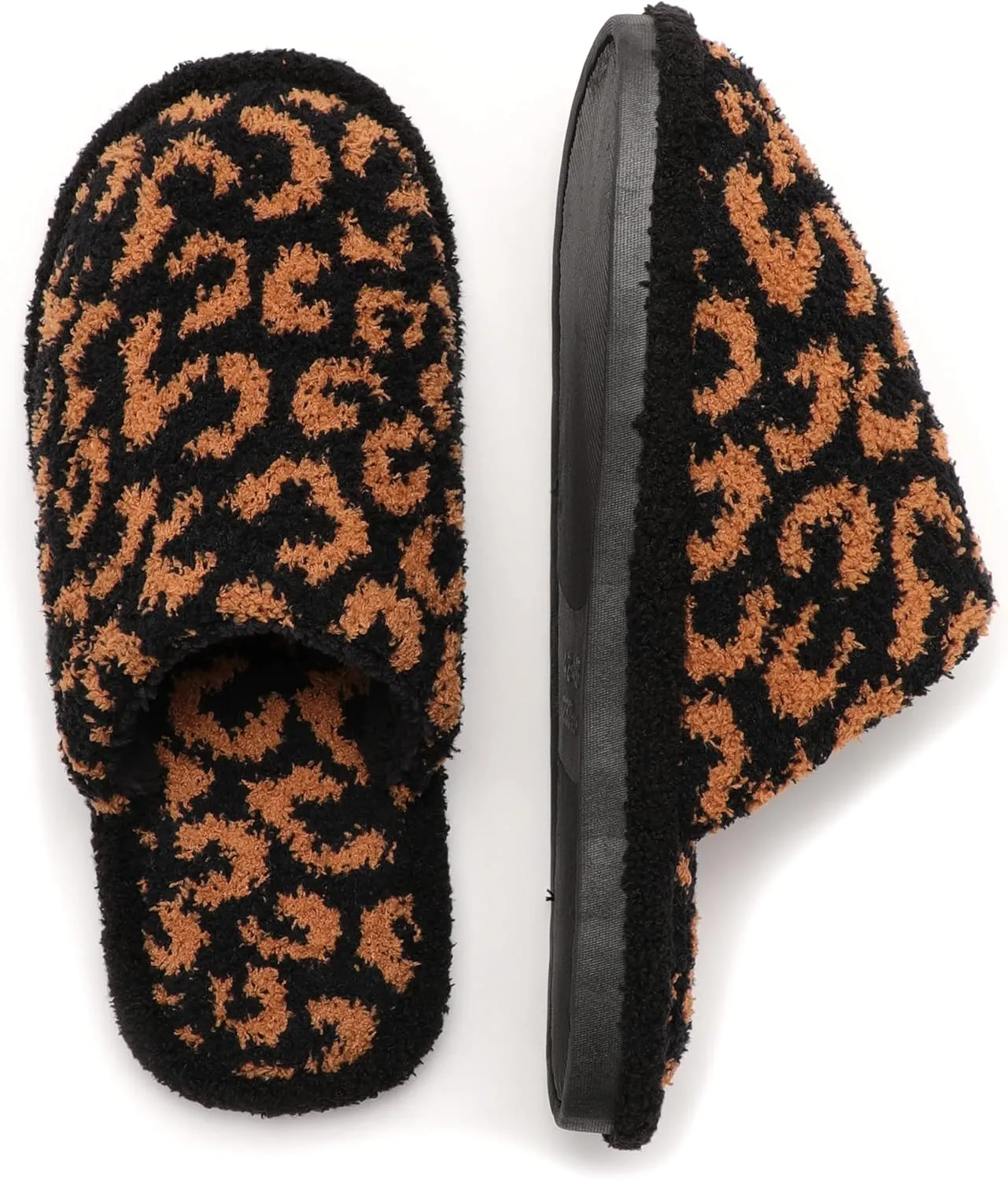 MIRMARU Women’s Animal Print Comfort Fluffy Fuzzy Slip-on House Slippers Open Toe Cross Band Indoor Outdoor Non-Slip Slippers for Women
