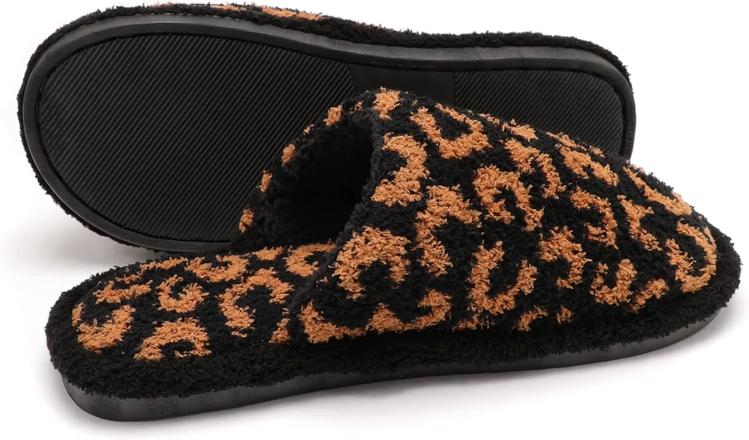 MIRMARU Women’s Animal Print Comfort Fluffy Fuzzy Slip-on House Slippers Open Toe Cross Band Indoor Outdoor Non-Slip Slippers for Women
