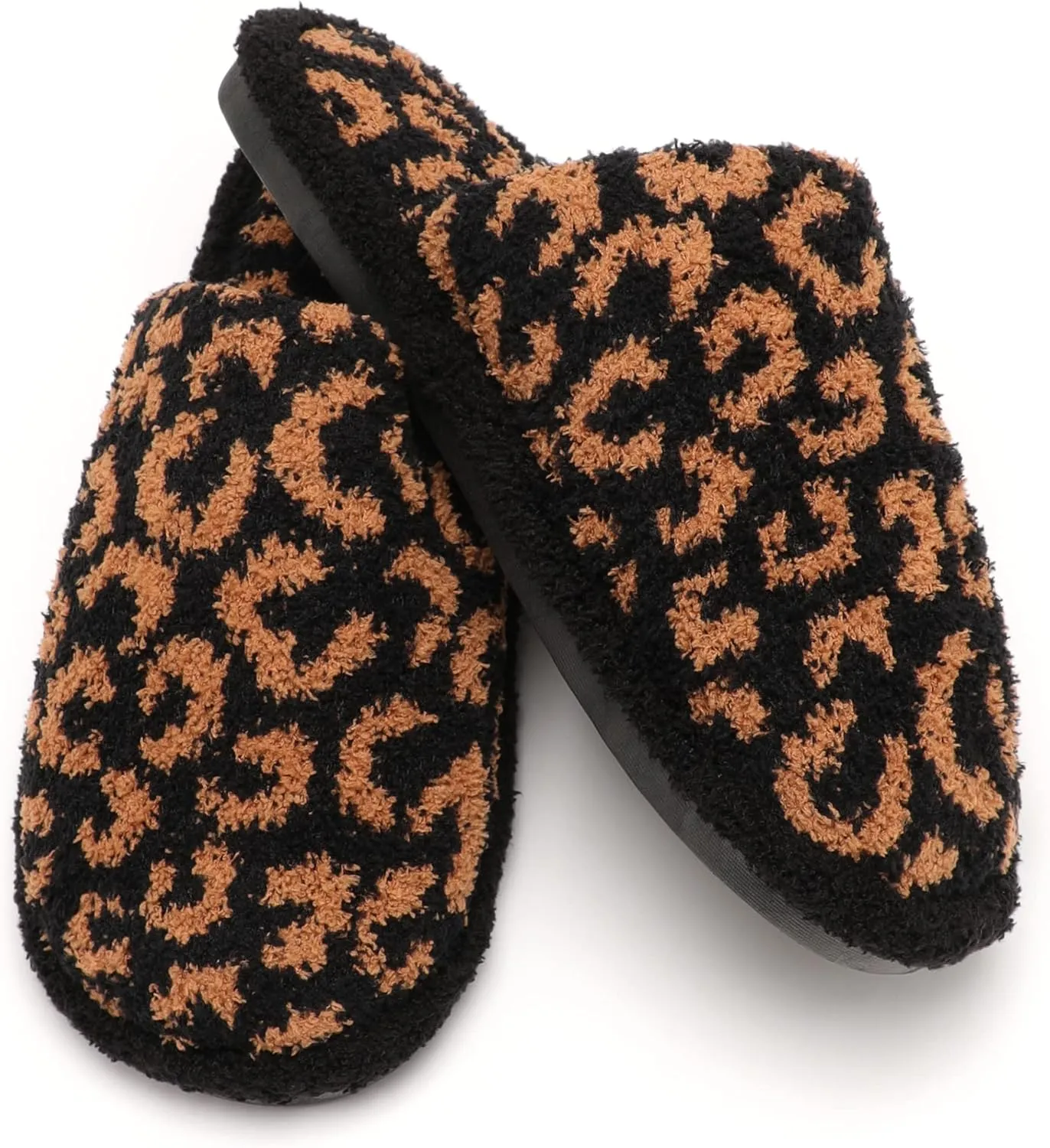 MIRMARU Women’s Animal Print Comfort Fluffy Fuzzy Slip-on House Slippers Open Toe Cross Band Indoor Outdoor Non-Slip Slippers for Women