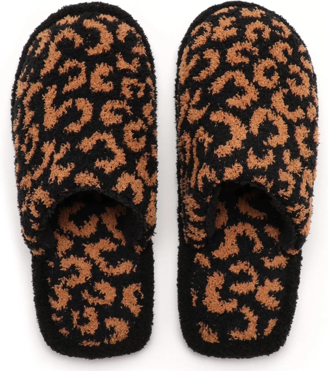 MIRMARU Women’s Animal Print Comfort Fluffy Fuzzy Slip-on House Slippers Open Toe Cross Band Indoor Outdoor Non-Slip Slippers for Women