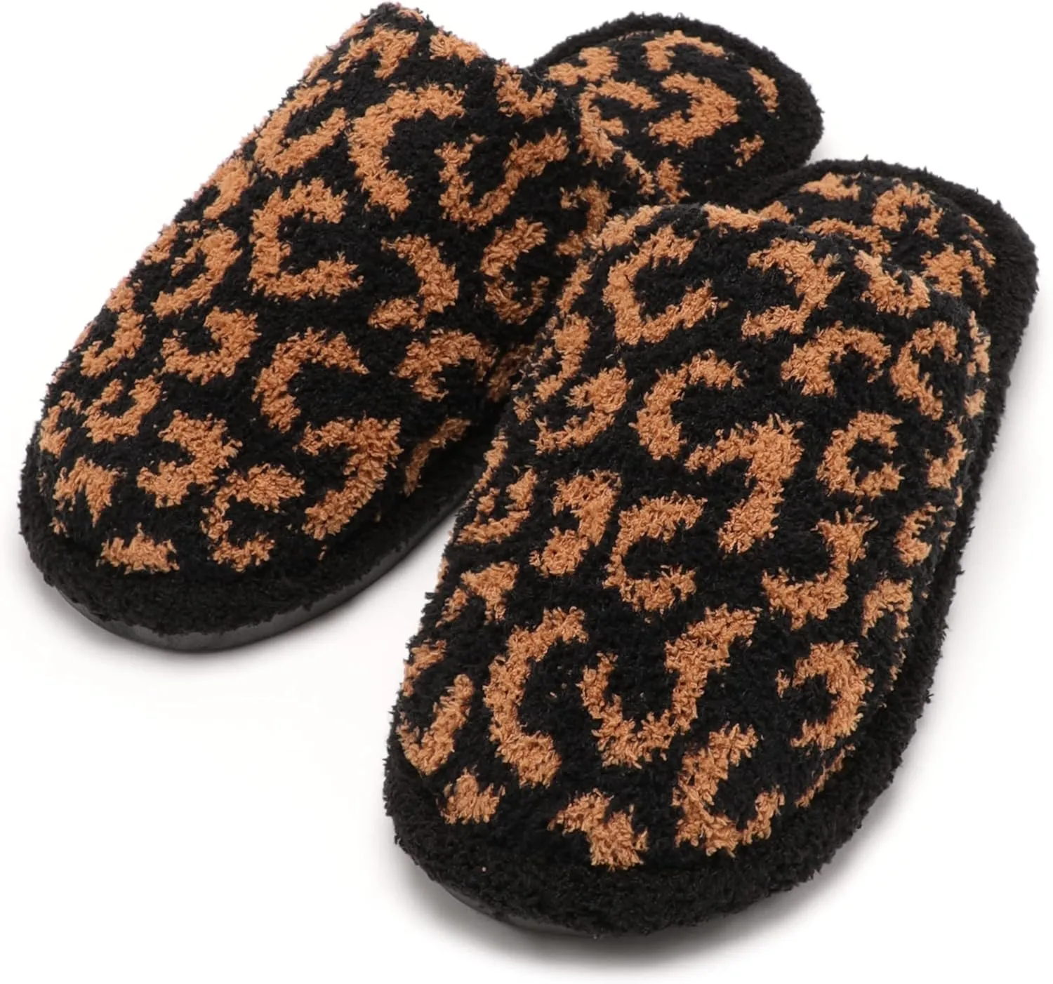 MIRMARU Women’s Animal Print Comfort Fluffy Fuzzy Slip-on House Slippers Open Toe Cross Band Indoor Outdoor Non-Slip Slippers for Women
