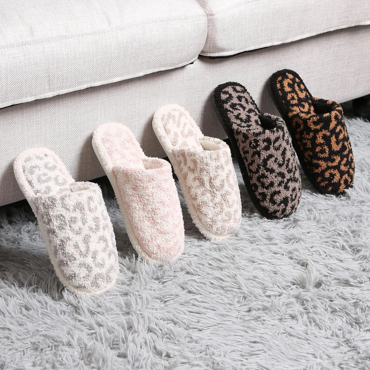MIRMARU Women’s Animal Print Comfort Fluffy Fuzzy Slip-on House Slippers Open Toe Cross Band Indoor Outdoor Non-Slip Slippers for Women