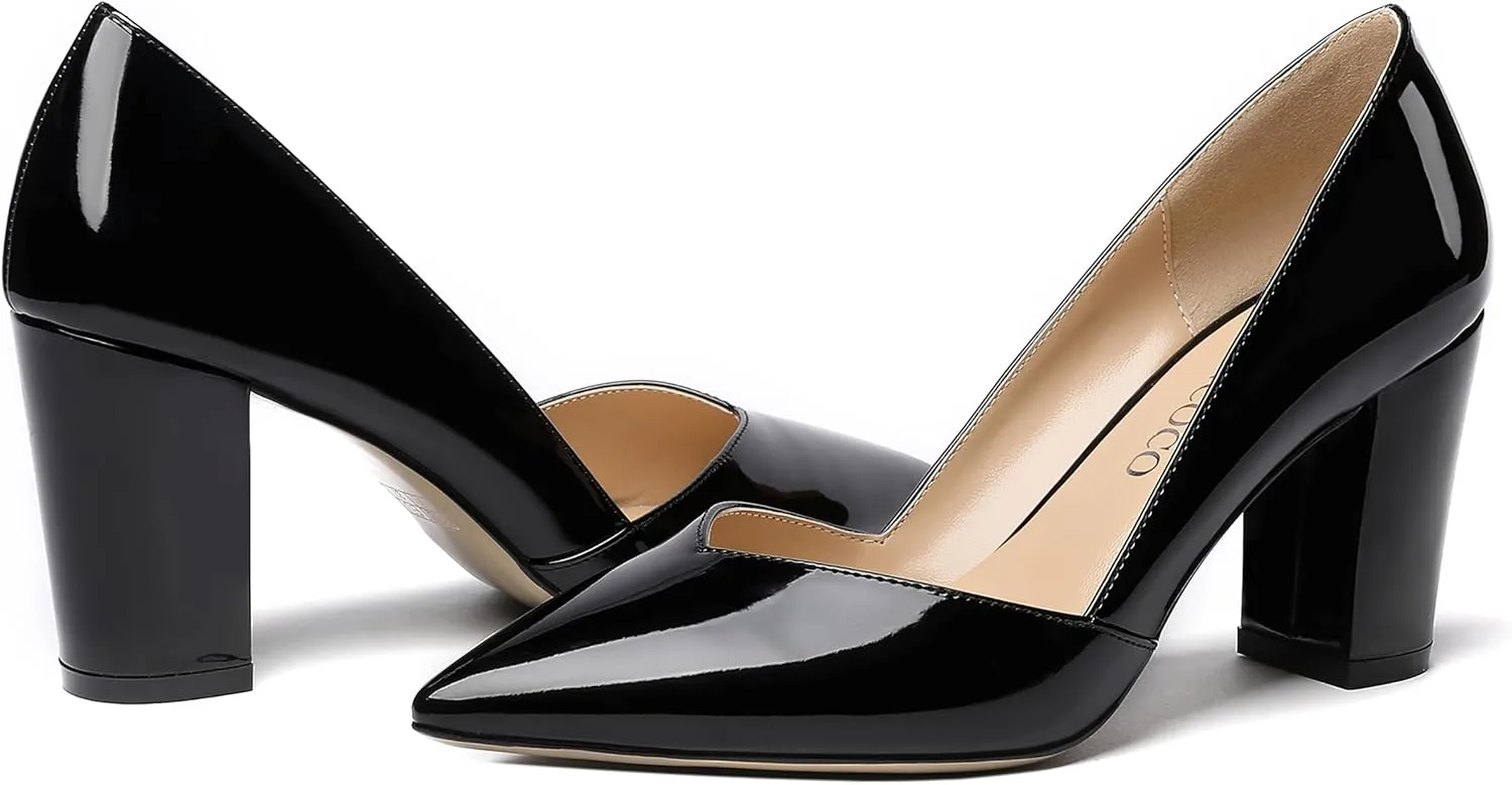 MODENCOCO Women's Pointed Toe Slip On Patent Cut Out Block High Heel Pumps Shoes 3.5 Inch