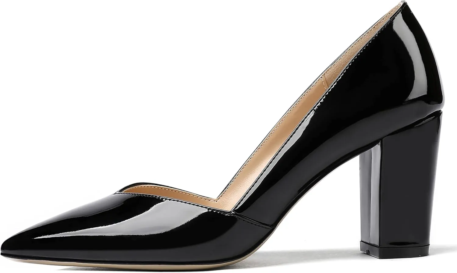MODENCOCO Women's Pointed Toe Slip On Patent Cut Out Block High Heel Pumps Shoes 3.5 Inch