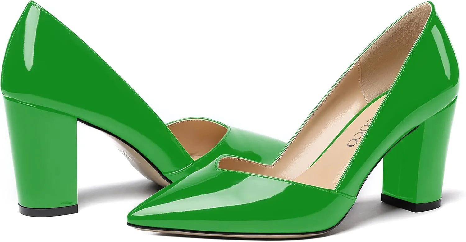 MODENCOCO Women's Pointed Toe Slip On Patent Cut Out Block High Heel Pumps Shoes 3.5 Inch