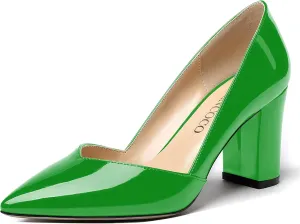 MODENCOCO Women's Pointed Toe Slip On Patent Cut Out Block High Heel Pumps Shoes 3.5 Inch