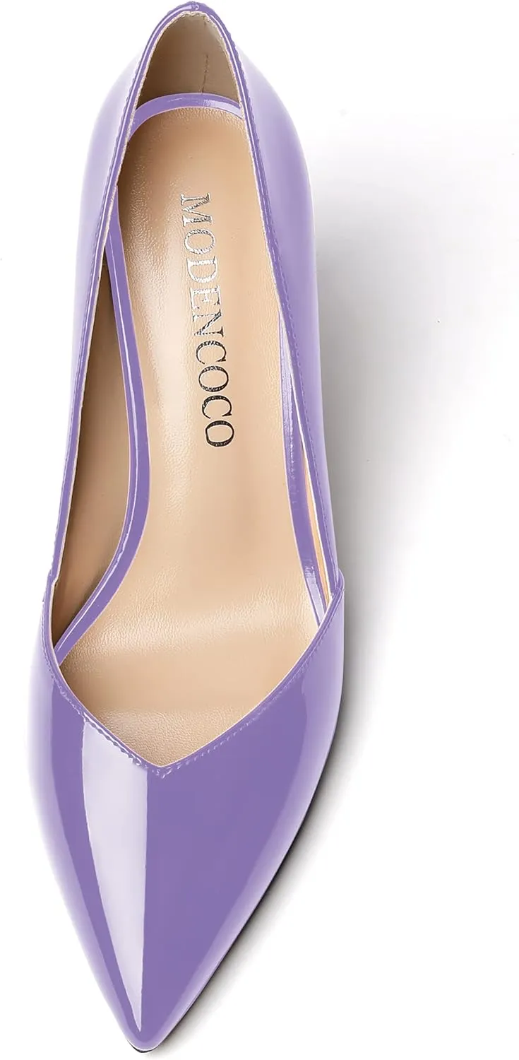 MODENCOCO Women's Pointed Toe Slip On Patent Cut Out Block High Heel Pumps Shoes 3.5 Inch