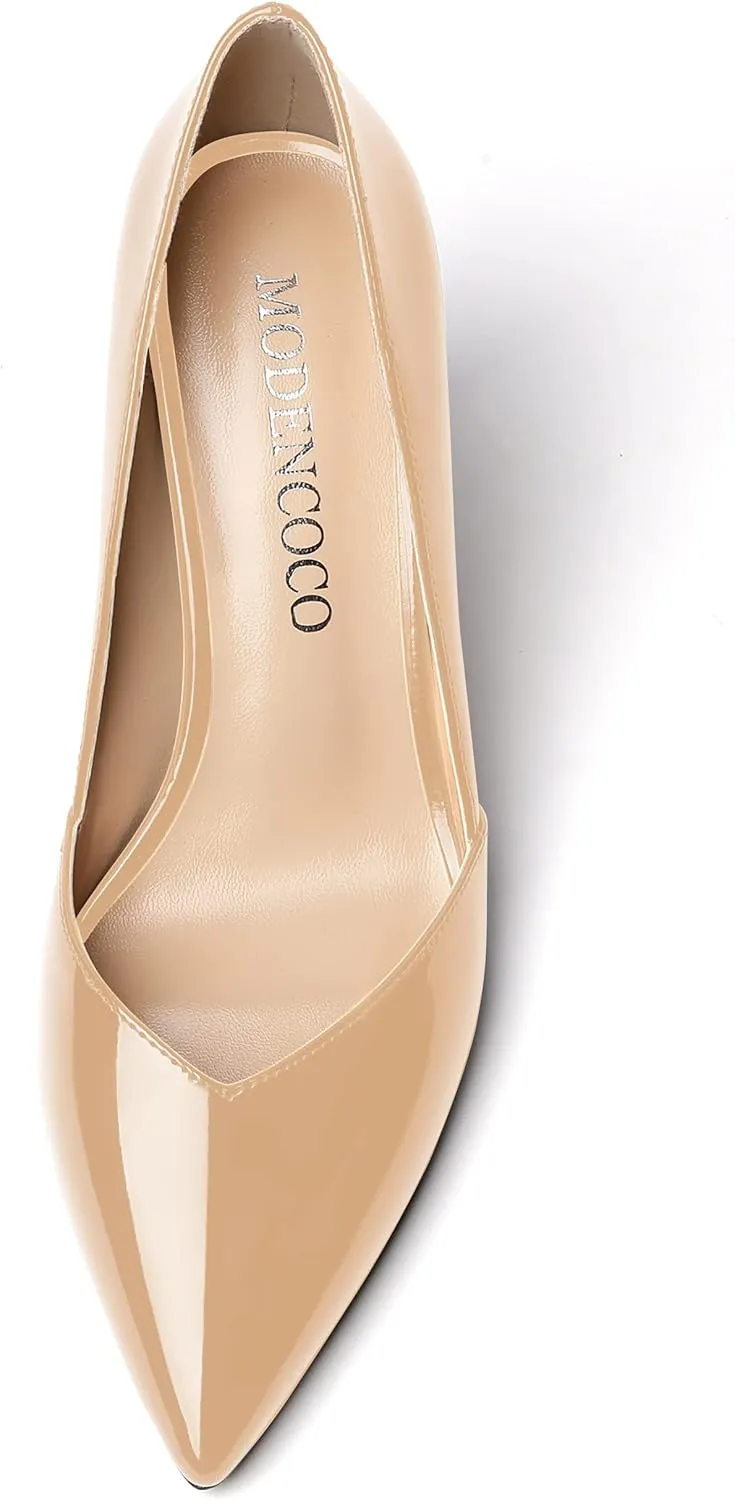 MODENCOCO Women's Pointed Toe Slip On Patent Cut Out Block High Heel Pumps Shoes 3.5 Inch