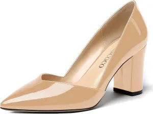 MODENCOCO Women's Pointed Toe Slip On Patent Cut Out Block High Heel Pumps Shoes 3.5 Inch
