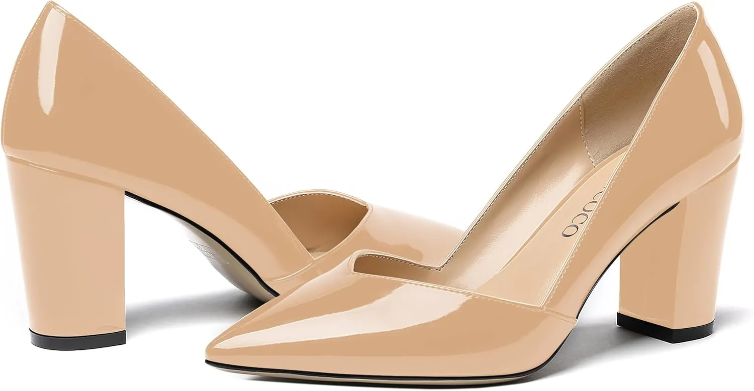 MODENCOCO Women's Pointed Toe Slip On Patent Cut Out Block High Heel Pumps Shoes 3.5 Inch