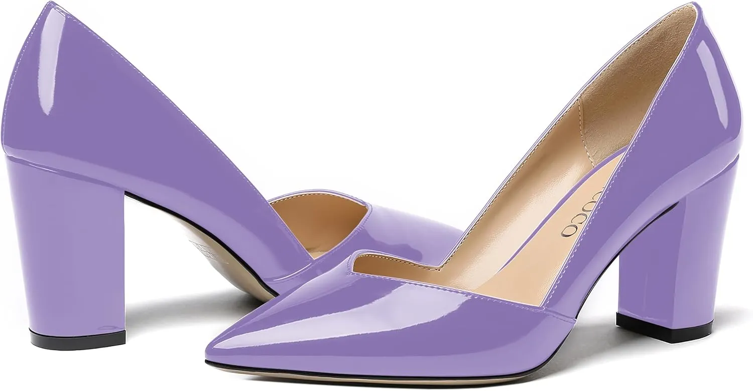 MODENCOCO Women's Pointed Toe Slip On Patent Cut Out Block High Heel Pumps Shoes 3.5 Inch