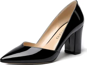 MODENCOCO Women's Pointed Toe Slip On Patent Cut Out Block High Heel Pumps Shoes 3.5 Inch