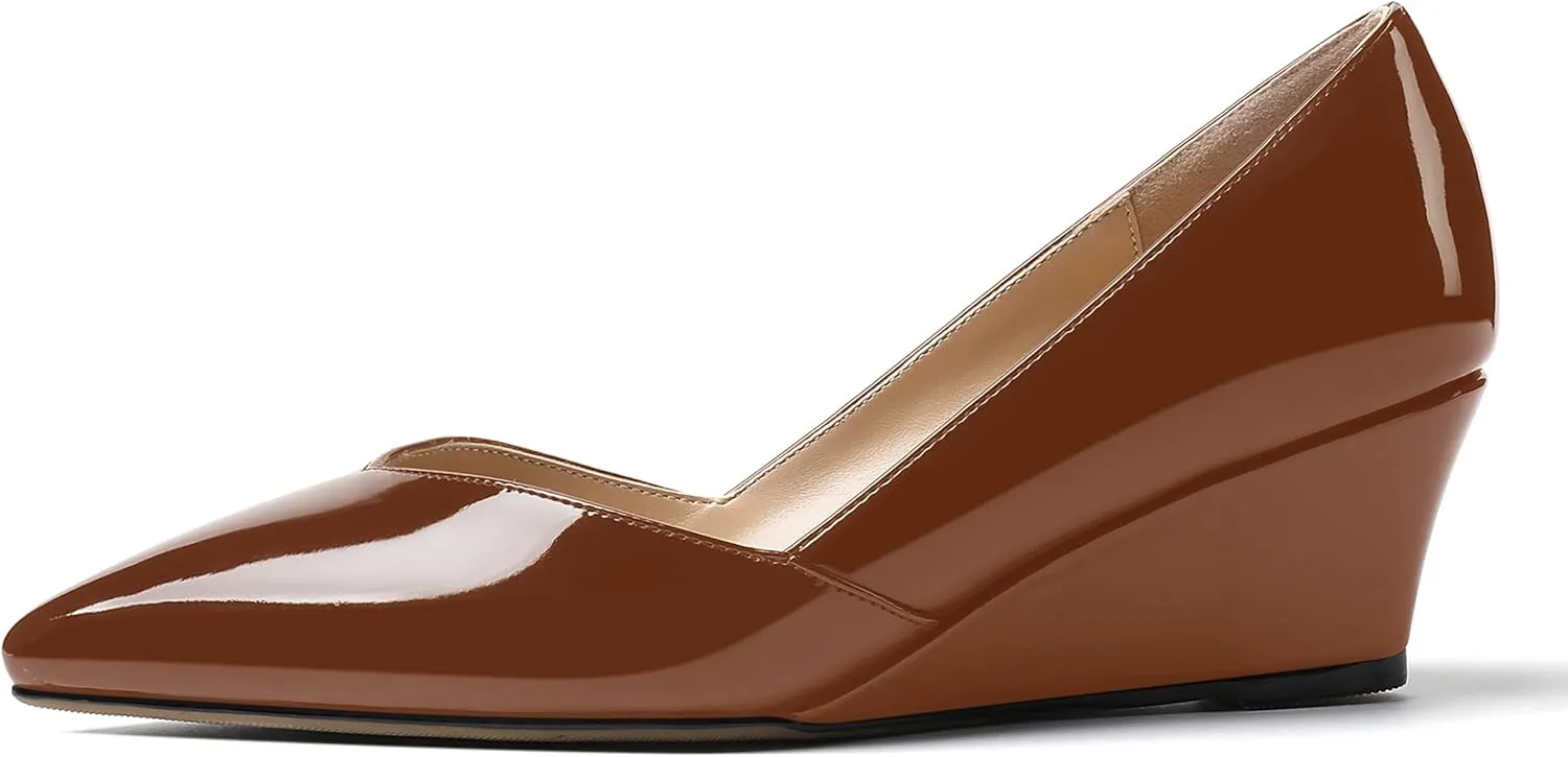 MODENCOCO Women's Slip On Professional Office Pointed Toe Patent Wedge Low Heel Pumps Shoes 2 Inch