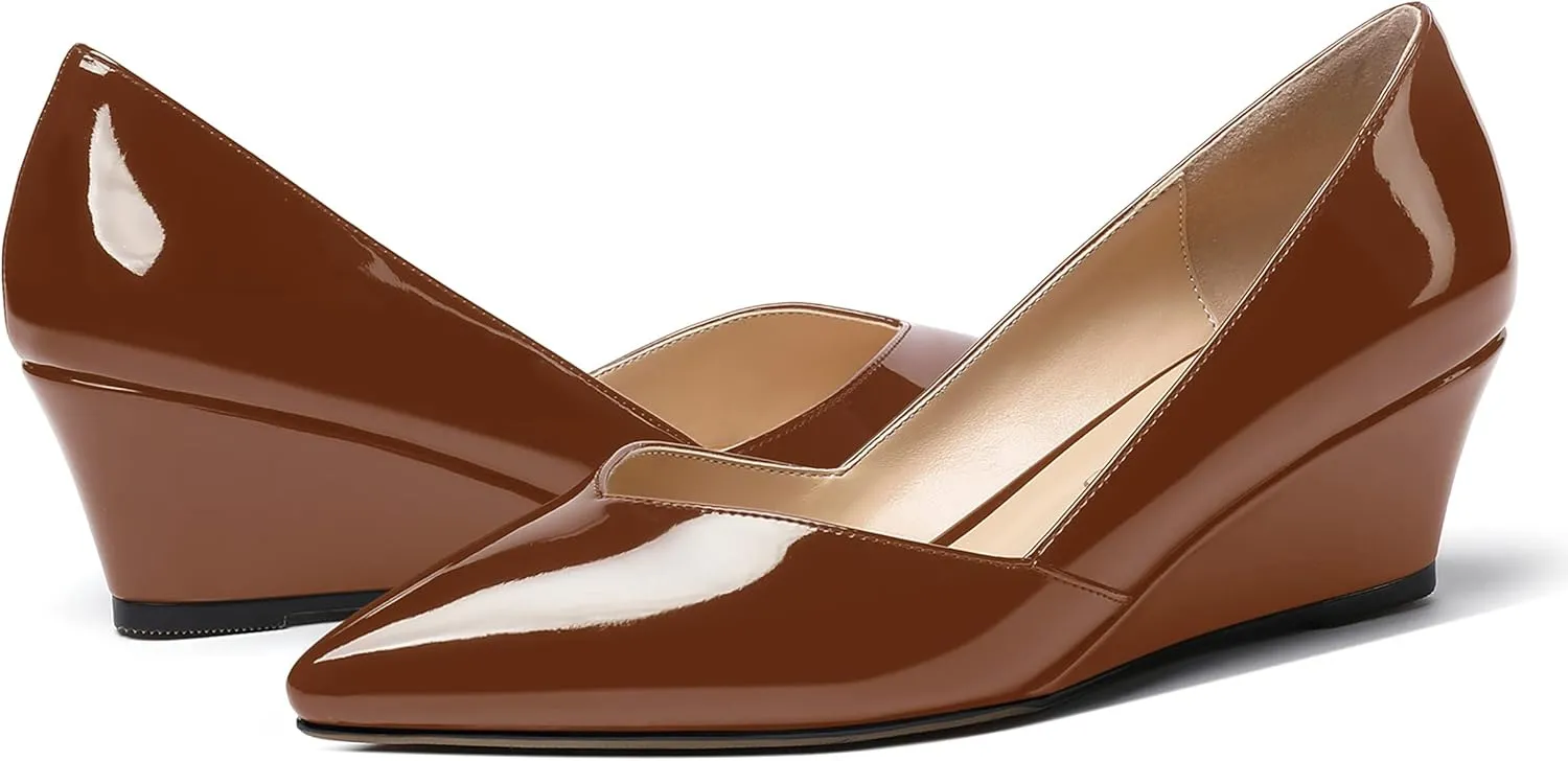 MODENCOCO Women's Slip On Professional Office Pointed Toe Patent Wedge Low Heel Pumps Shoes 2 Inch