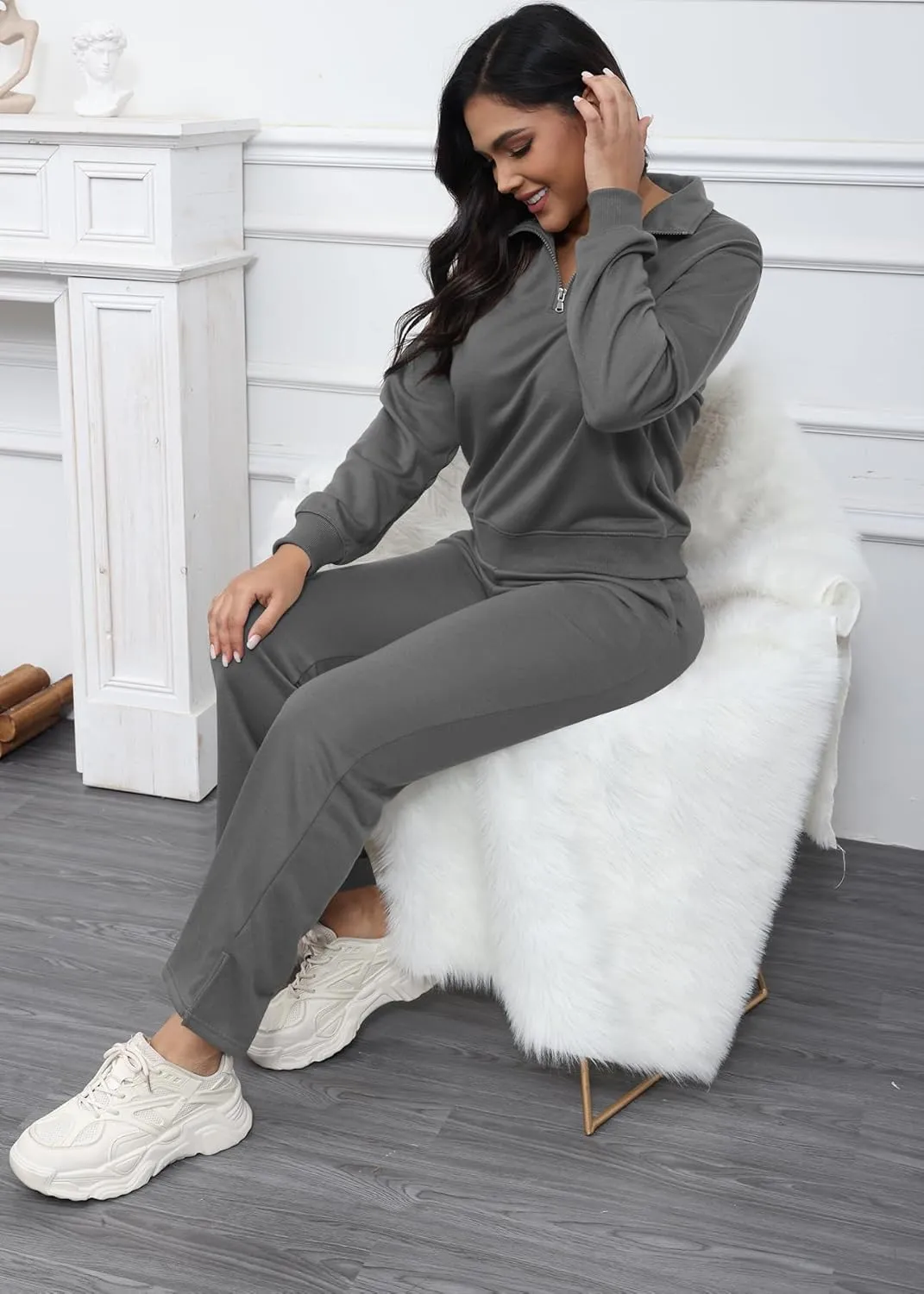 MOEENCN Women 2 Piece Outfits Sweatsuit Oversized Half Zip Sweatshirt Wide Leg Sweatpant Casual Lounge Matching Set Tracksuit