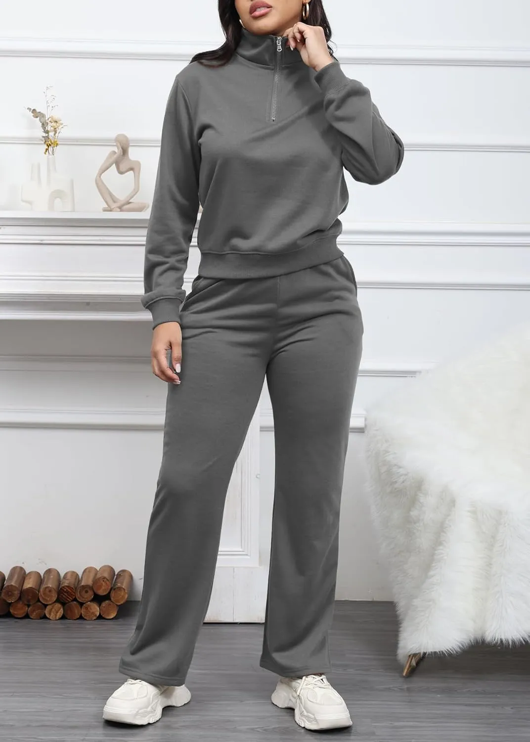 MOEENCN Women 2 Piece Outfits Sweatsuit Oversized Half Zip Sweatshirt Wide Leg Sweatpant Casual Lounge Matching Set Tracksuit