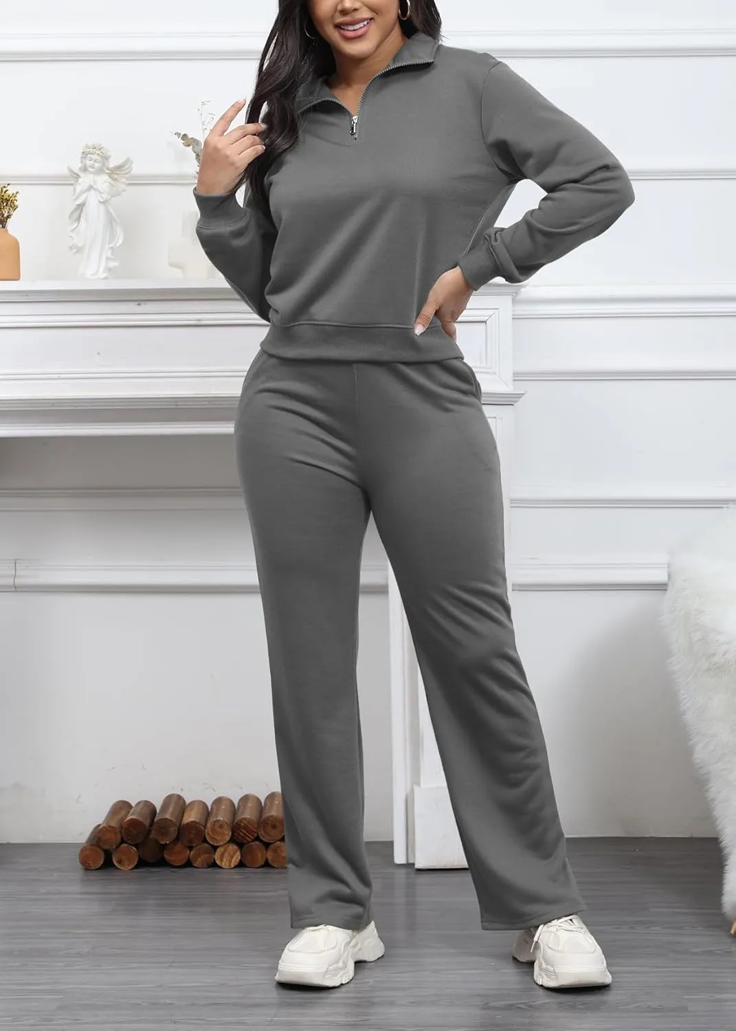 MOEENCN Women 2 Piece Outfits Sweatsuit Oversized Half Zip Sweatshirt Wide Leg Sweatpant Casual Lounge Matching Set Tracksuit
