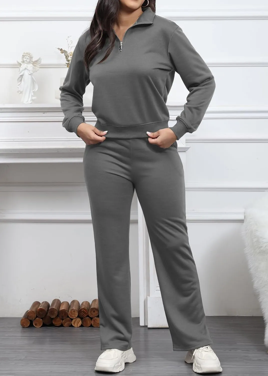 MOEENCN Women 2 Piece Outfits Sweatsuit Oversized Half Zip Sweatshirt Wide Leg Sweatpant Casual Lounge Matching Set Tracksuit