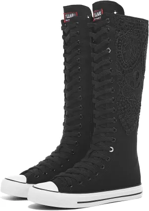 Momuk Women's Knee High Lace Up Zip Fashion Dancing Canvas Boots