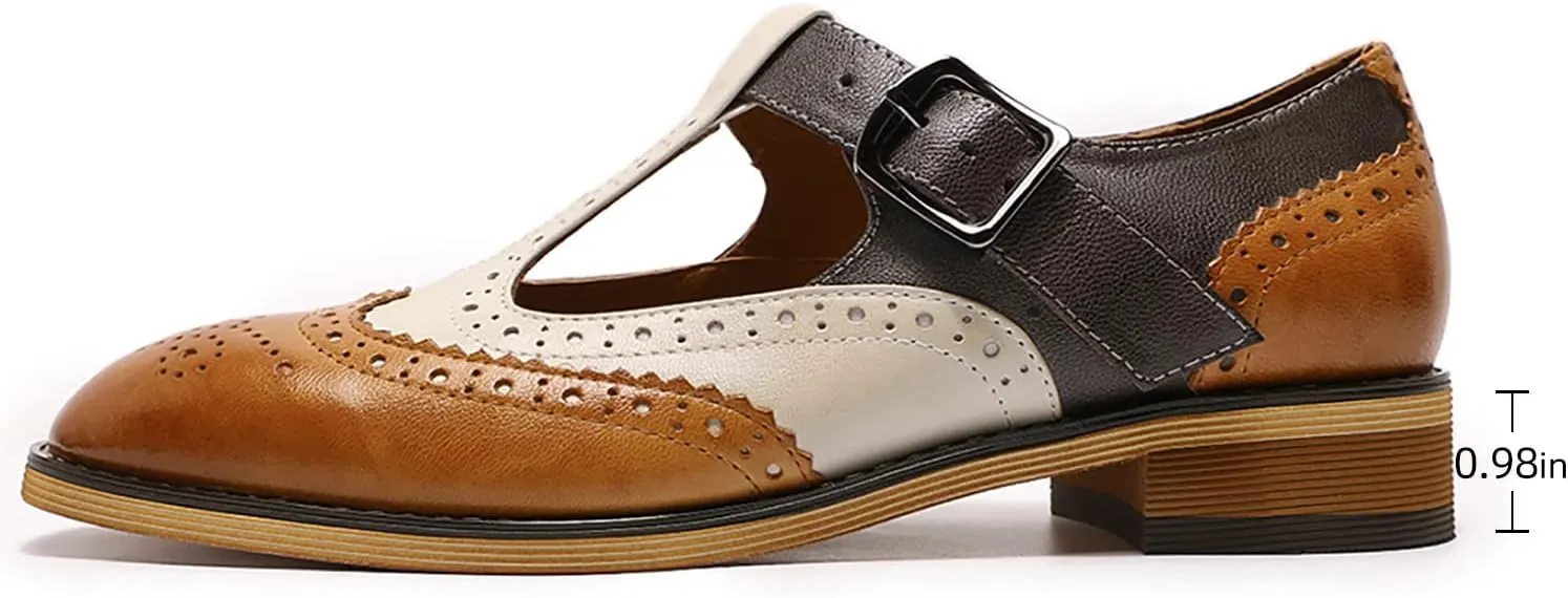 Mona flying Women's Classic Wingtip Oxfords Mary Jane T Strap Flat Leather Shoes for Ladies