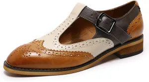 Mona flying Women's Classic Wingtip Oxfords Mary Jane T Strap Flat Leather Shoes for Ladies