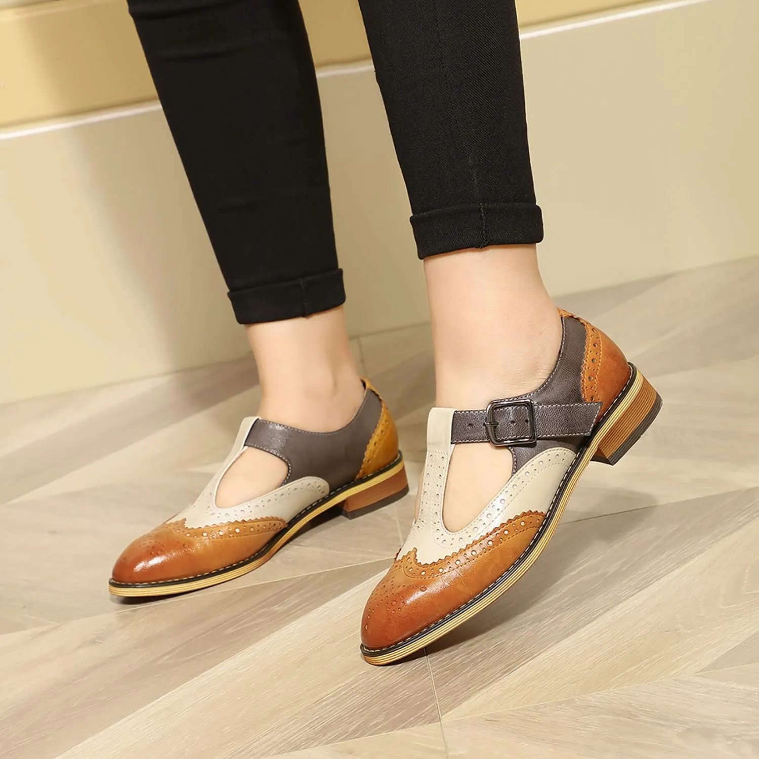 Mona flying Women's Classic Wingtip Oxfords Mary Jane T Strap Flat Leather Shoes for Ladies