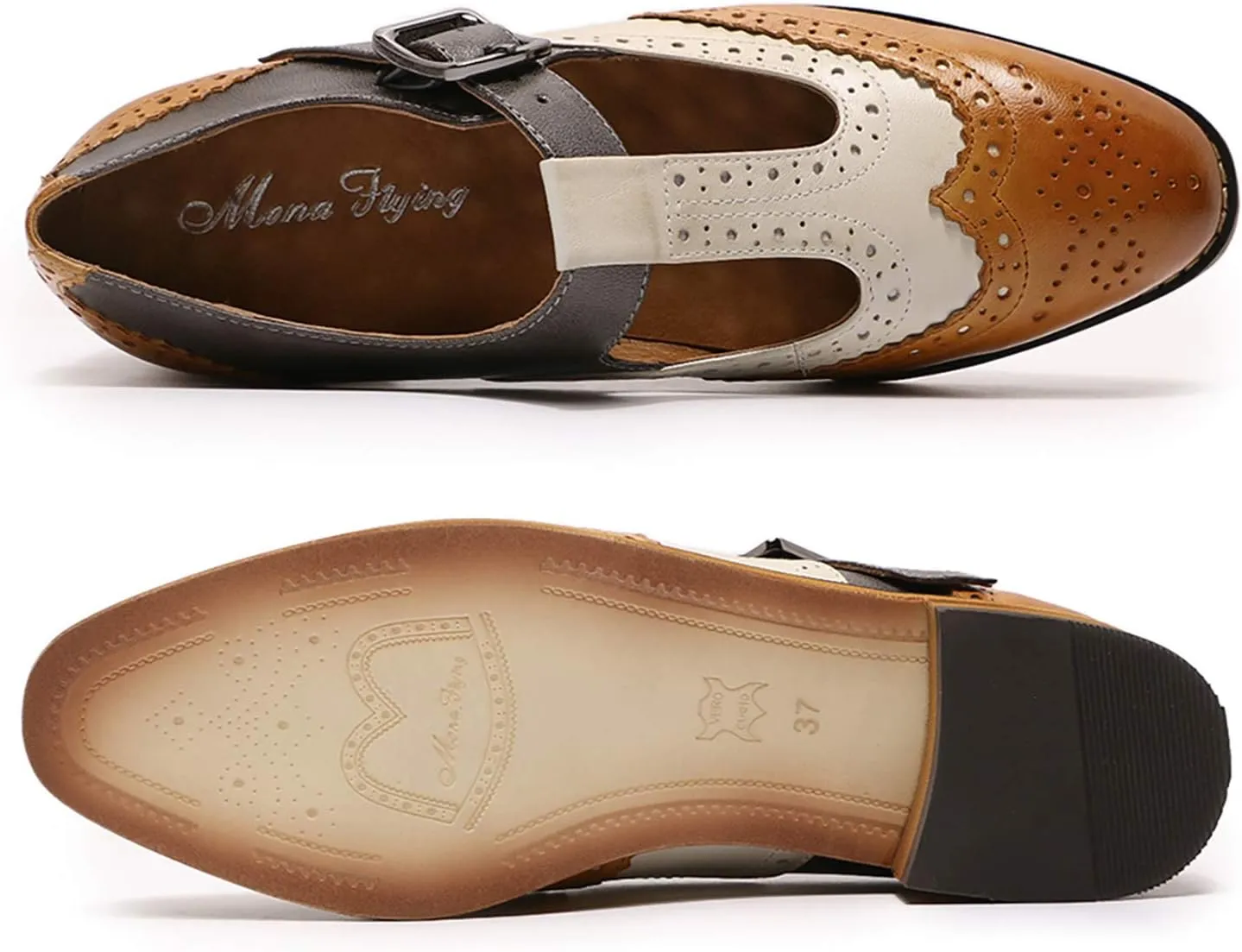Mona flying Women's Classic Wingtip Oxfords Mary Jane T Strap Flat Leather Shoes for Ladies