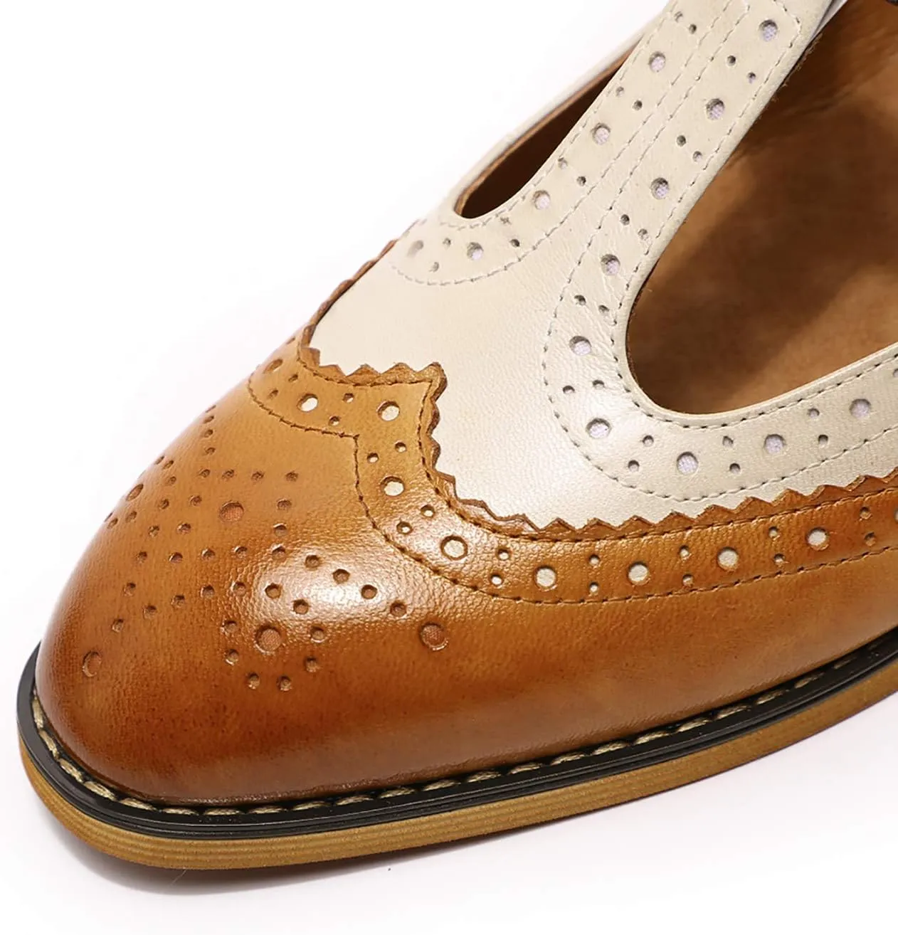 Mona flying Women's Classic Wingtip Oxfords Mary Jane T Strap Flat Leather Shoes for Ladies