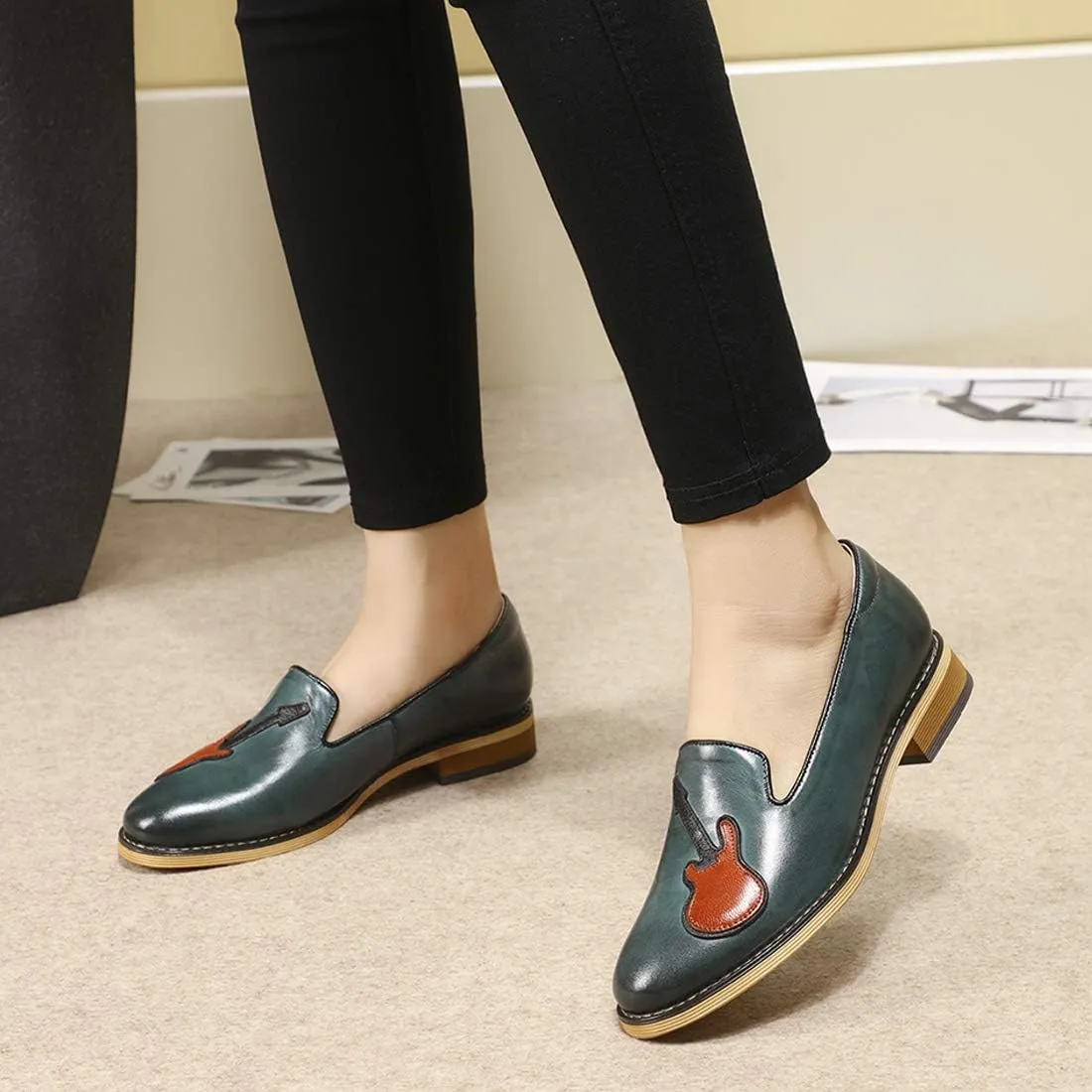 Mona flying Women's Leather Penny Loafers Slip On Flats Office Ladies Casual Shoes
