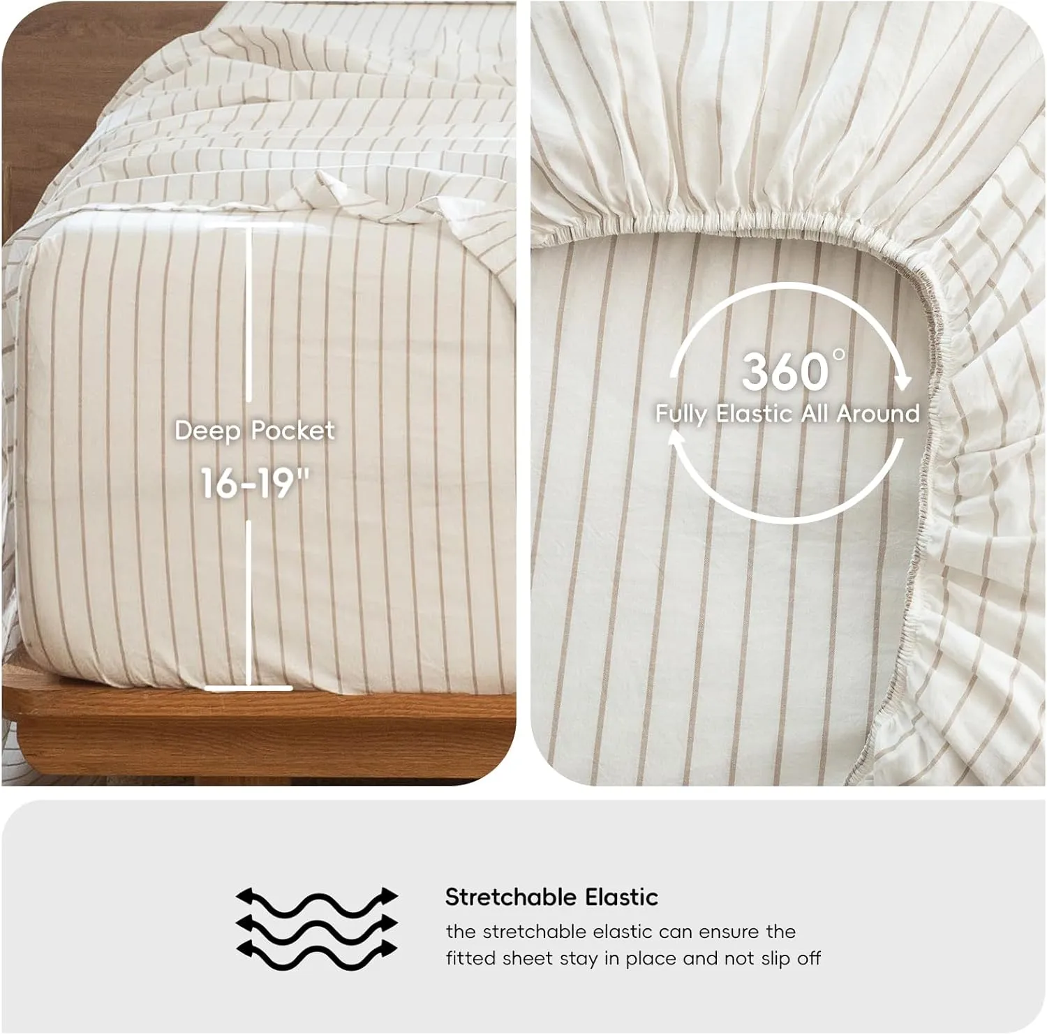 MooMee Striped Sheet Set 100% Washed Cotton Linen Like Textured Breathable Durable Soft Comfy (White Tannish Linen Grey Wide Stripes, King)