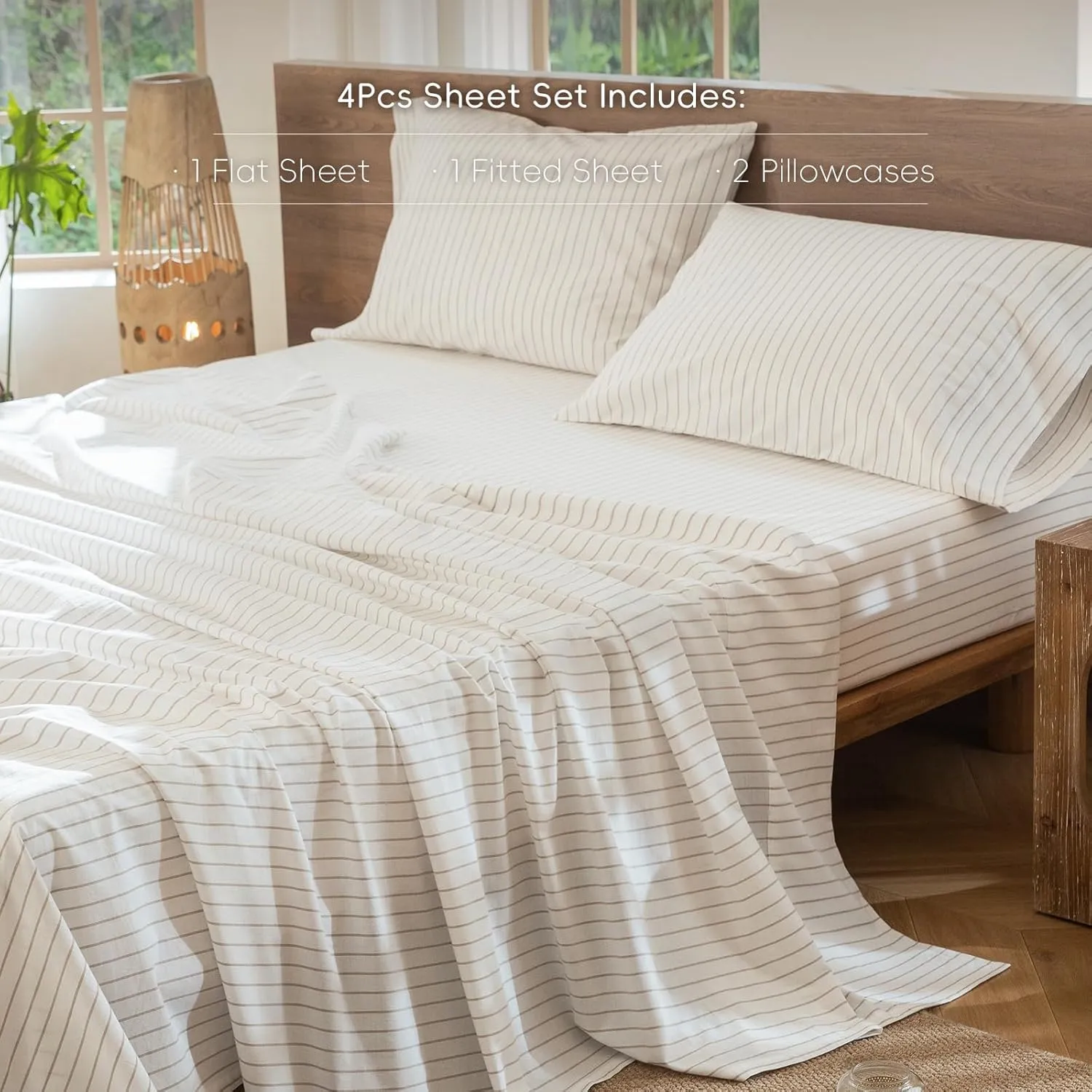 MooMee Striped Sheet Set 100% Washed Cotton Linen Like Textured Breathable Durable Soft Comfy (White Tannish Linen Grey Wide Stripes, King)