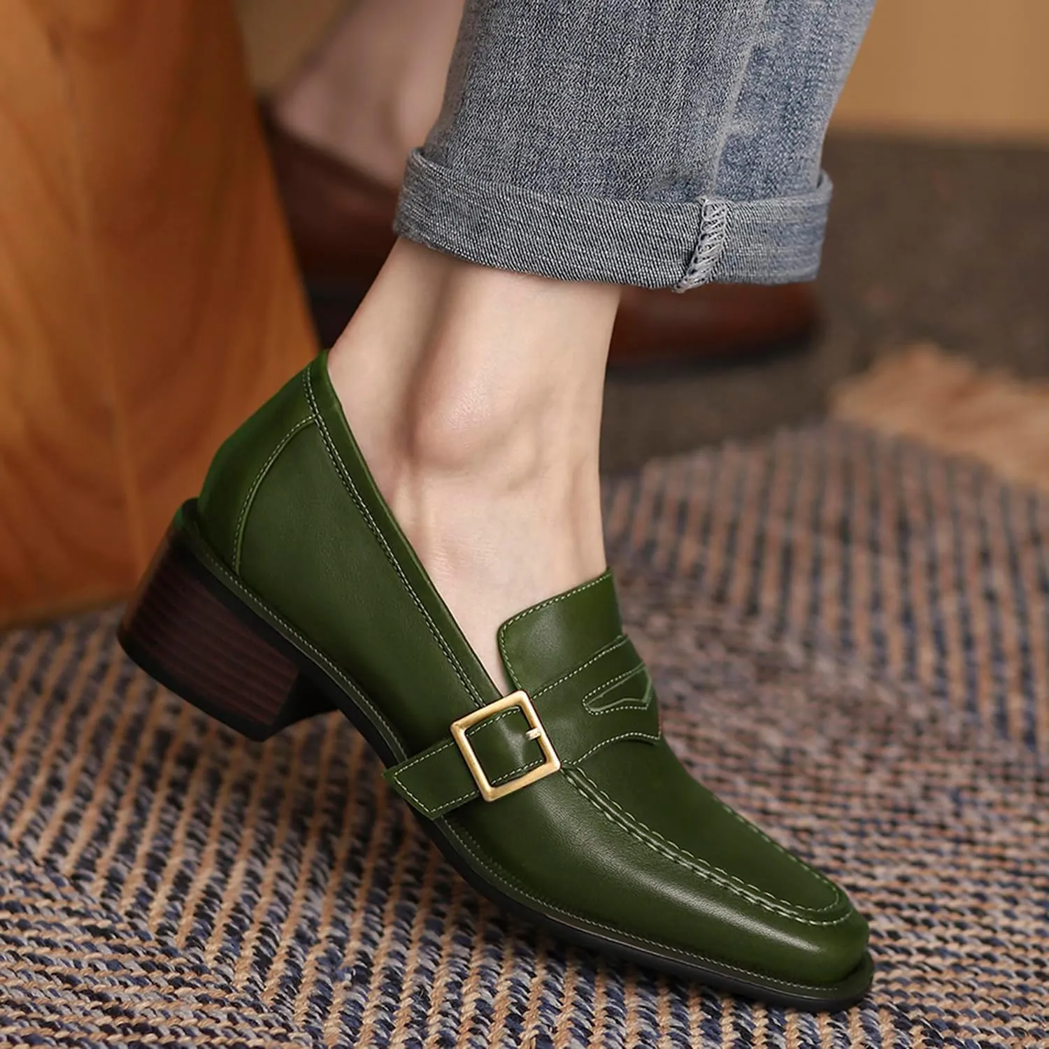 MOOMMO Women Classic Penny Loafers Closed Square Toe Patent Low Heel Loafers Slip On Metal Buckle 2" Chunky Heel Comfy Office Lady Vintage Dress Loafer Shoes Size 4-9 M US