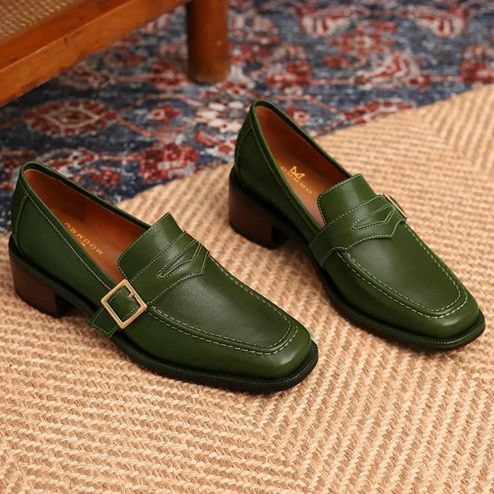 MOOMMO Women Classic Penny Loafers Closed Square Toe Patent Low Heel Loafers Slip On Metal Buckle 2" Chunky Heel Comfy Office Lady Vintage Dress Loafer Shoes Size 4-9 M US
