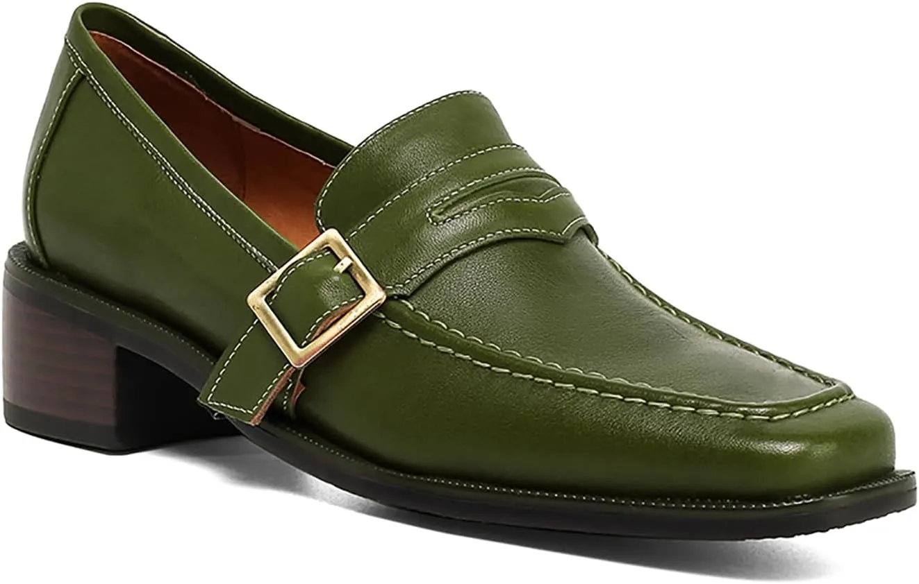 MOOMMO Women Classic Penny Loafers Closed Square Toe Patent Low Heel Loafers Slip On Metal Buckle 2" Chunky Heel Comfy Office Lady Vintage Dress Loafer Shoes Size 4-9 M US