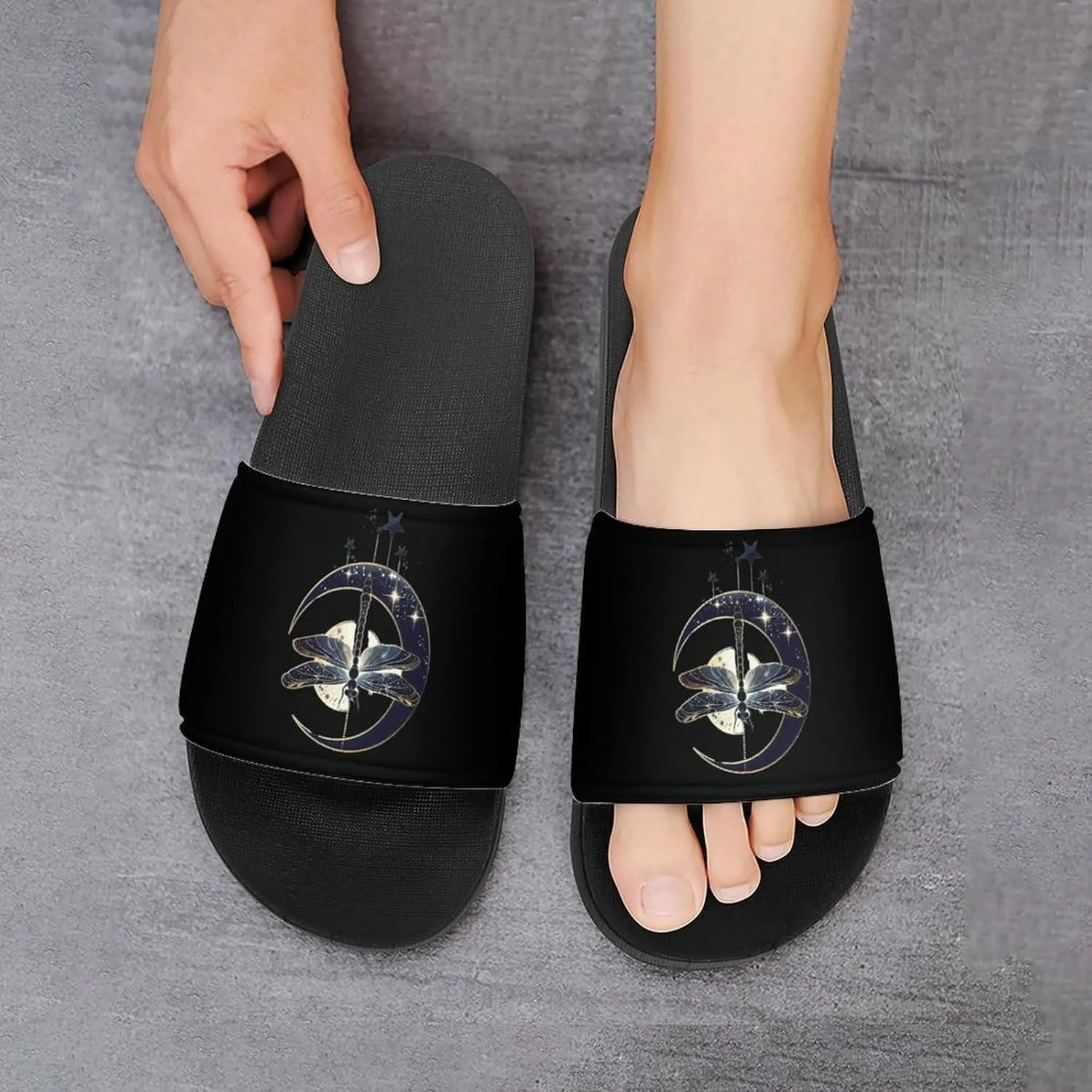 Moon Nature Insect Dragonfly Slippers for Women Men Anti-Slip Shower Slides Open Toe Slippers for Home Outdoor Beach