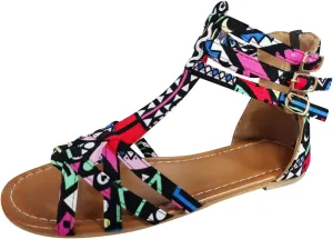 Multicolor Flat Sandals for Women Buckle Criss Cross Falt Cover Heel Colorful Snakeskin Open toe Gladiator 8