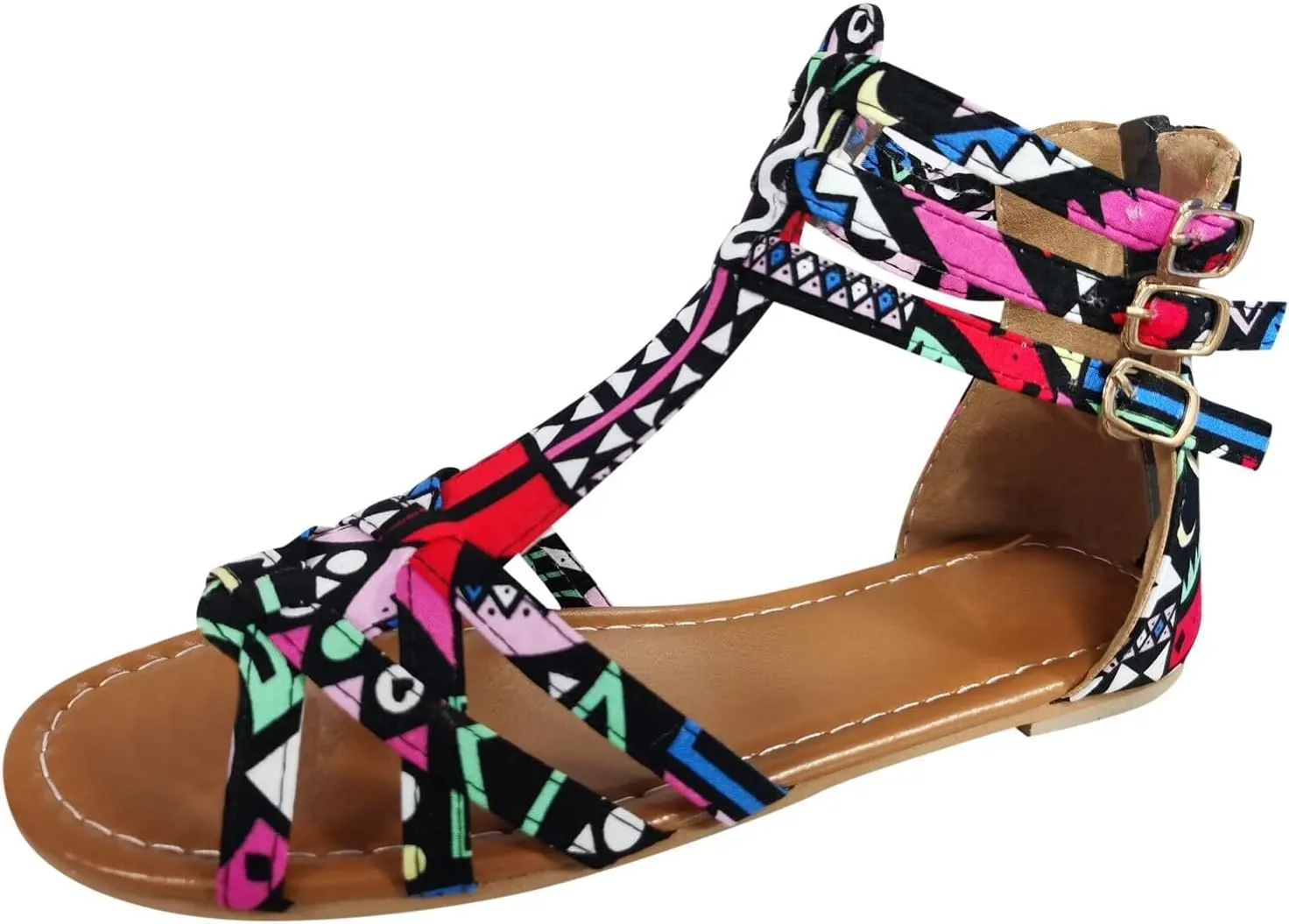 Multicolor Flat Sandals for Women Buckle Criss Cross Falt Cover Heel Colorful Snakeskin Open toe Gladiator 8