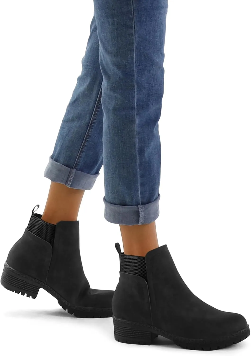 mysoft Women's Elastic Gore Lug Sole Chelsea Boots Slip On Platform Chunky Heel Ankle Booties