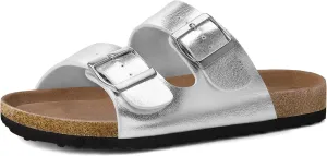 mysoft Womens Flat Sandals Cork Footbed Slides 2 Straps Adjustable Buckle Slip On Summer with  Comfort Shoes