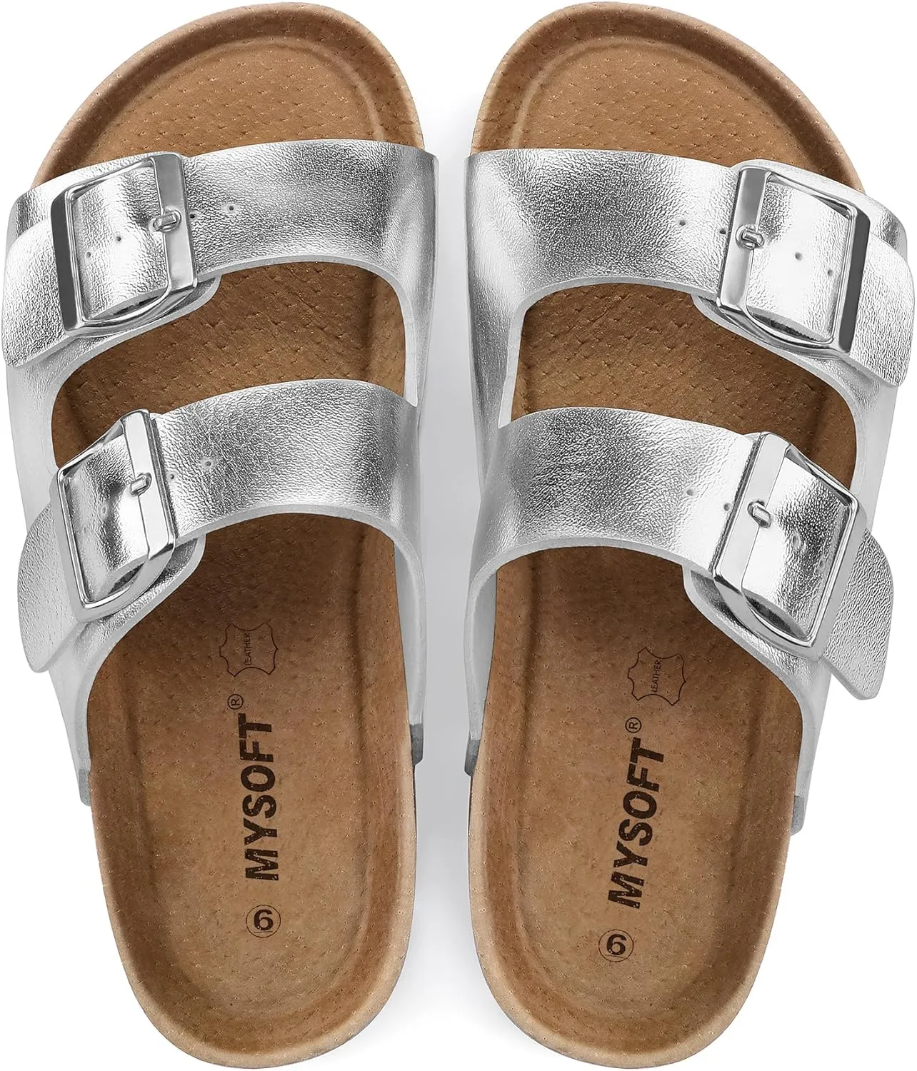 mysoft Womens Flat Sandals Cork Footbed Slides 2 Straps Adjustable Buckle Slip On Summer with  Comfort Shoes