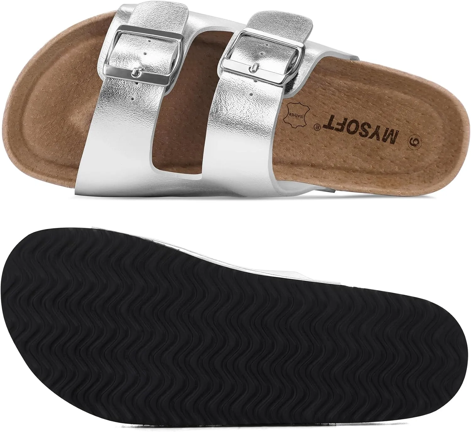 mysoft Womens Flat Sandals Cork Footbed Slides 2 Straps Adjustable Buckle Slip On Summer with  Comfort Shoes