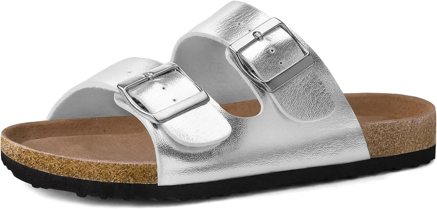 mysoft Womens Flat Sandals Cork Footbed Slides 2 Straps Adjustable Buckle Slip On Summer with  Comfort Shoes
