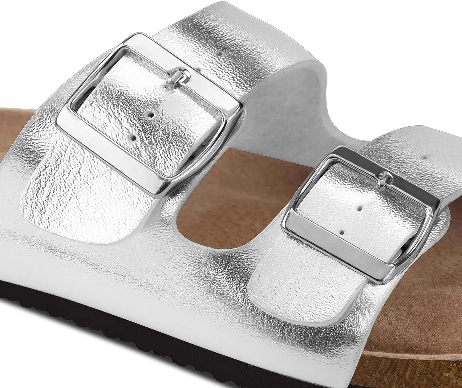 mysoft Womens Flat Sandals Cork Footbed Slides 2 Straps Adjustable Buckle Slip On Summer with  Comfort Shoes