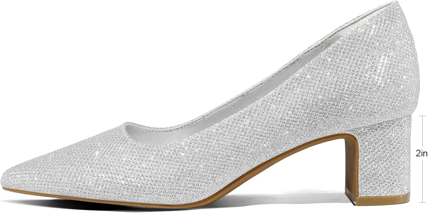 mysoft Women's Pointed Toe Pumps 2 Inch Chunky Block Low Heels Dressy Shoes Slip On Pumps