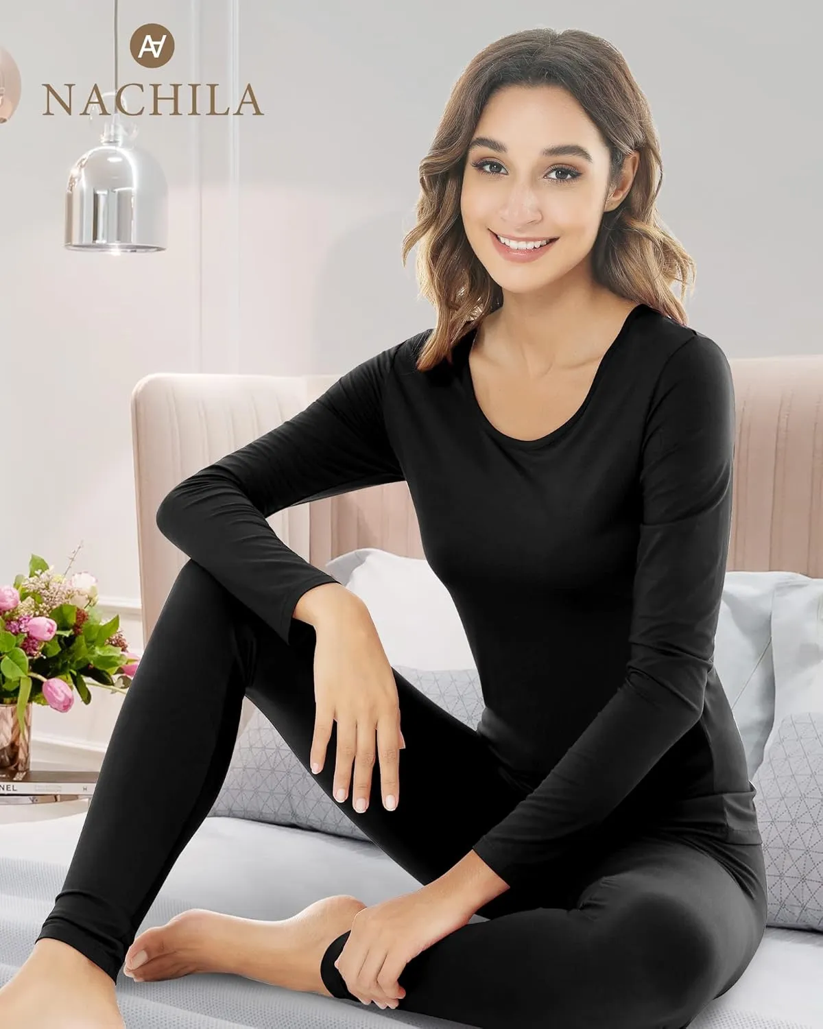 NACHILA Thermal Underwear for Women-Viscose Made from Bamboo,Soft Long Johns Set Base Layer Pajamas Set Long Sleeve Pjs