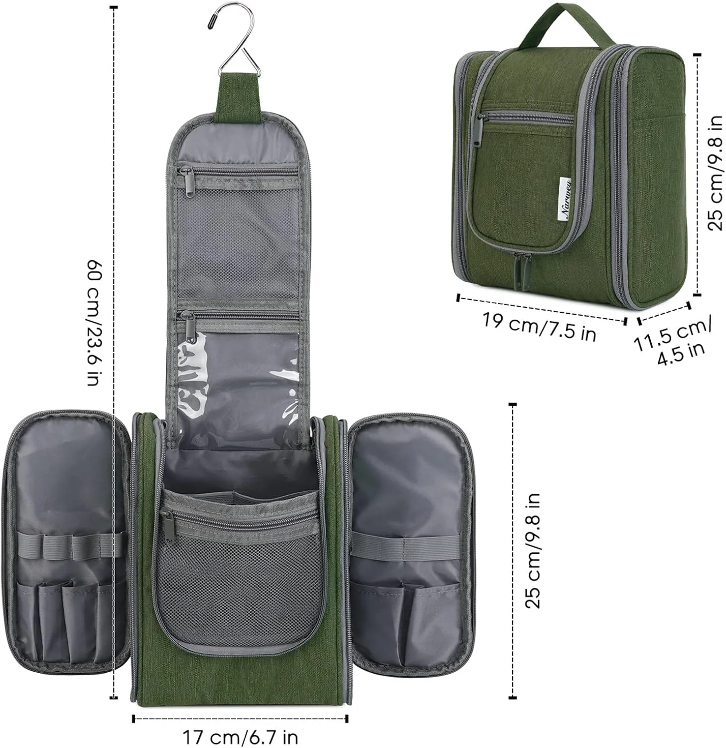 Narwey Small Hanging Travel Toiletry Bag Cosmetic Make up Organizer for Women and Men (Medium, Army Green)