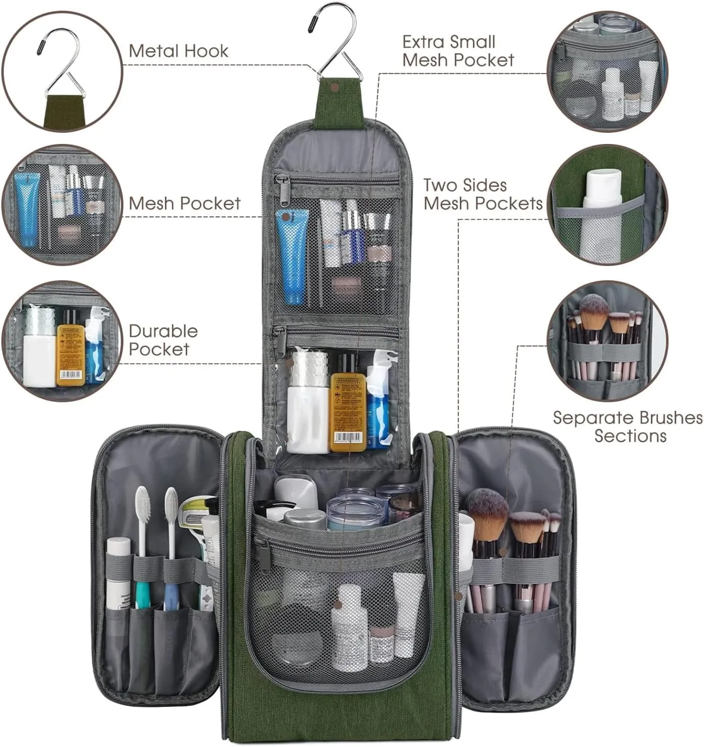 Narwey Small Hanging Travel Toiletry Bag Cosmetic Make up Organizer for Women and Men (Medium, Army Green)