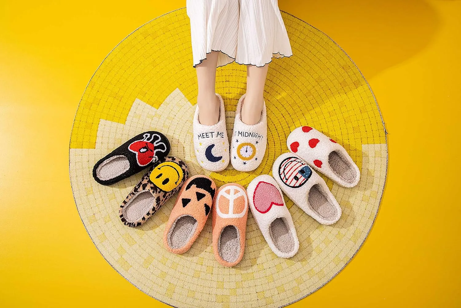 NEVEROLD Fun Cute Trendy Colorful Cartoon Illustrated Cozy Fluffy Plush Fur Slip On Cushion House Slippers for Women, Men, Girls, and Boys