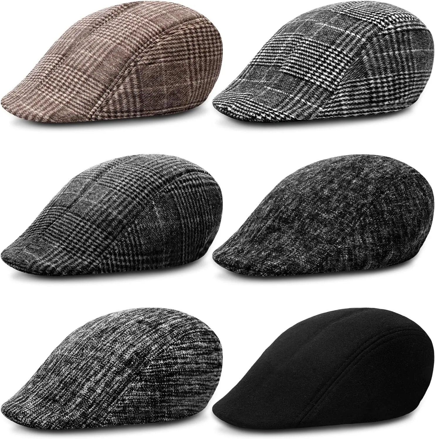 Newcotte 6 Pieces Newsboy Cap for Men Classic Herringbone Tweed Flat Cap Irish Beret Hat for Cabbie Driving Hunting