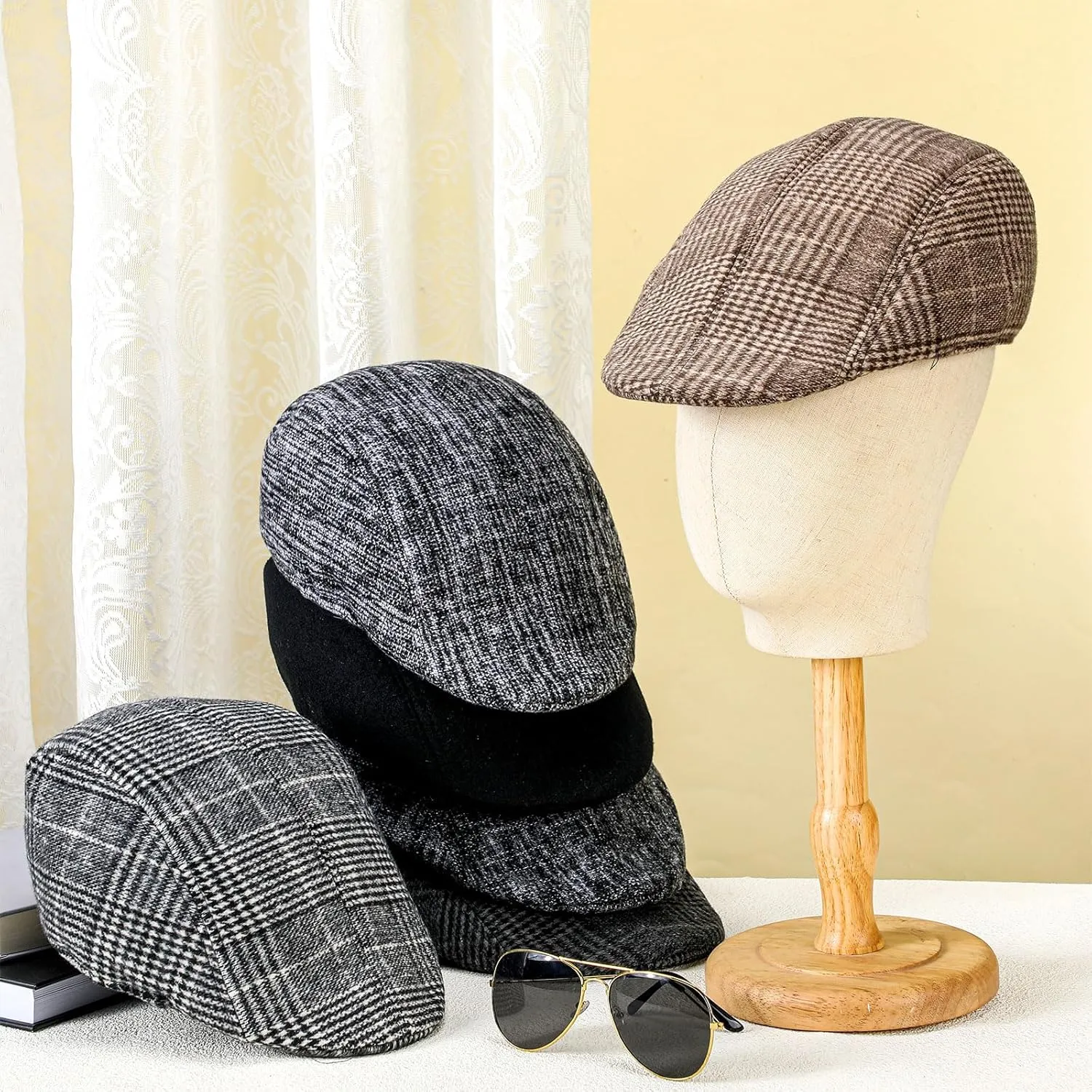 Newcotte 6 Pieces Newsboy Cap for Men Classic Herringbone Tweed Flat Cap Irish Beret Hat for Cabbie Driving Hunting